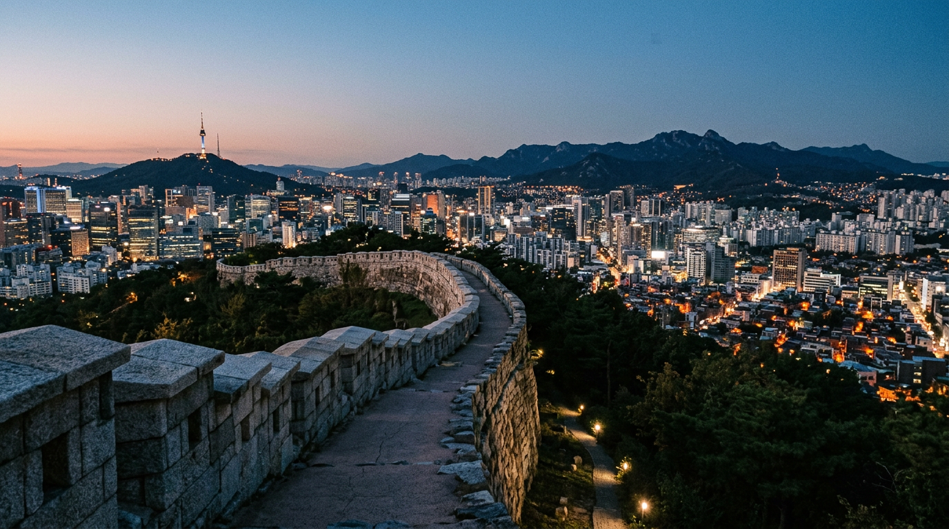The Seoul skyline at blue hour seen from the old fortress wall at Naksan Park