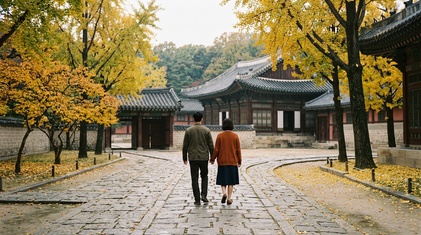 Two travelers walking through a quiet palace courtyard lined with golden ginkgo trees