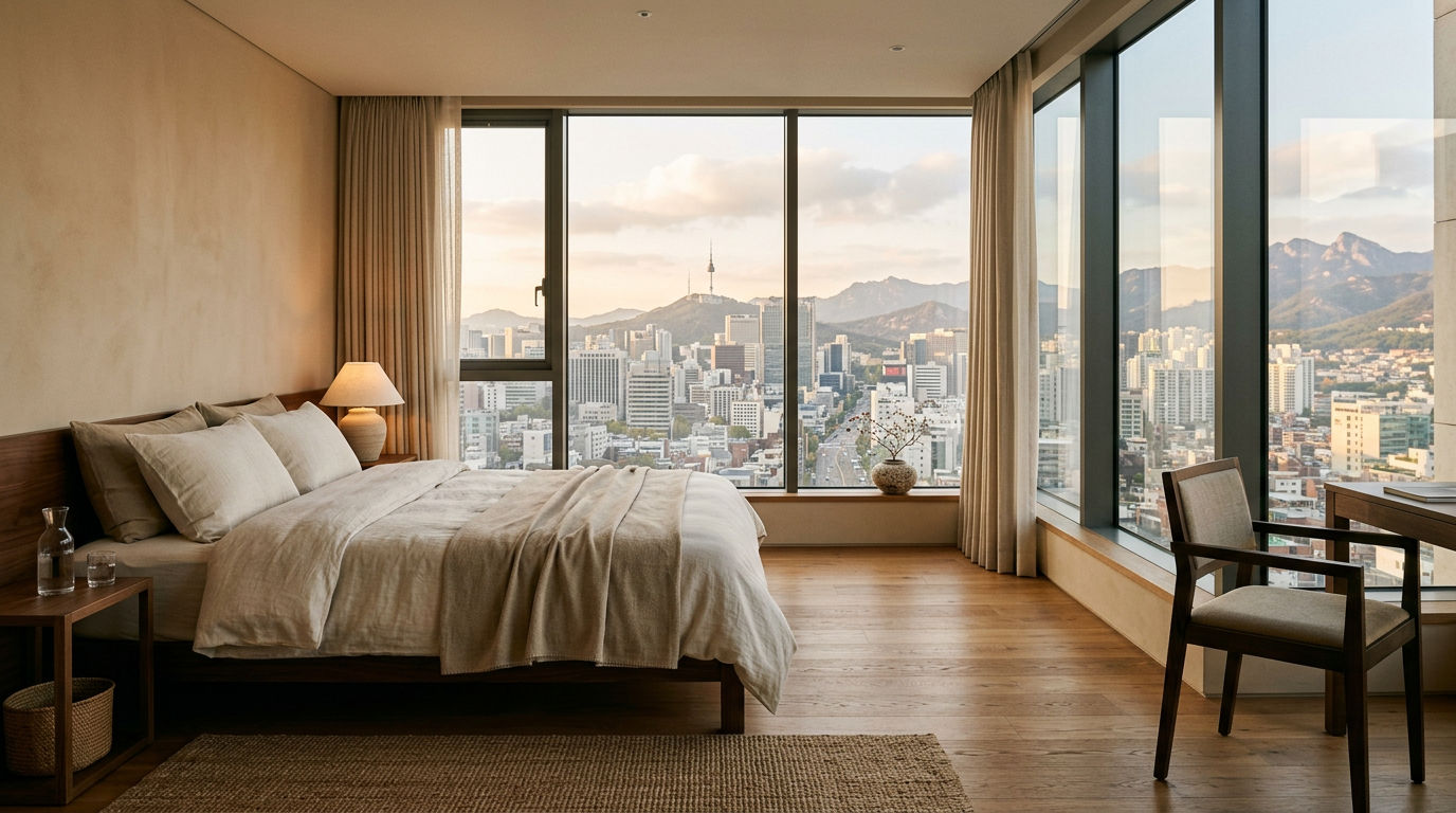 A calm boutique hotel room with a large window overlooking Seoul in morning light